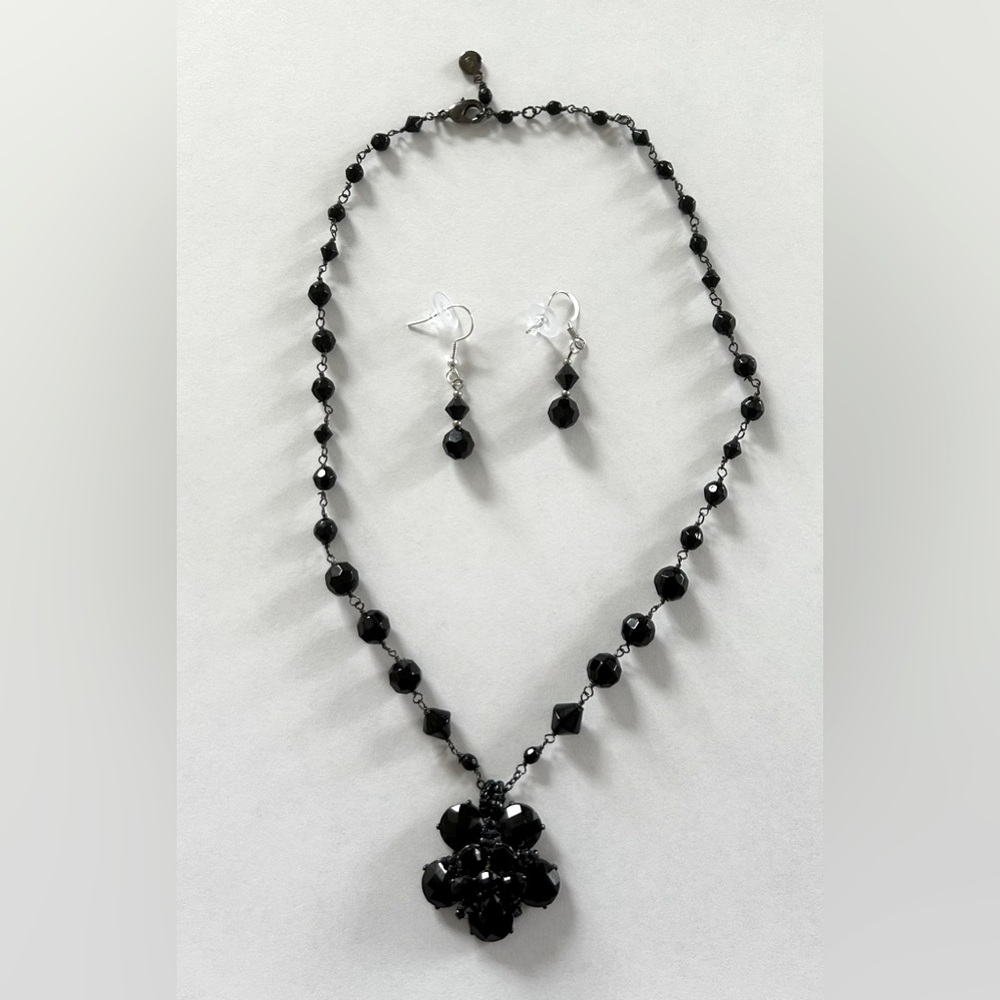 Elegant Black Beaded Necklace and Earring Set•Costume Jewelry